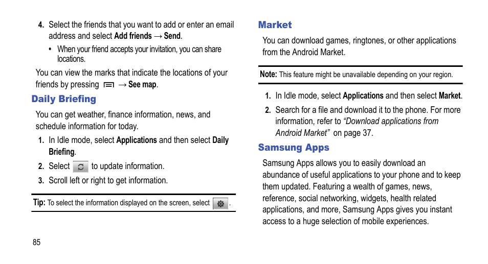 Daily briefing, Market, Samsung apps | Daily briefing market | Samsung 07212010 User Manual | Page 90 / 137