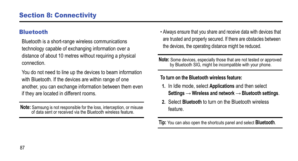 Section 8: connectivity, Bluetooth, H. for more information, refer to “bluetooth | Samsung 07212010 User Manual | Page 92 / 137