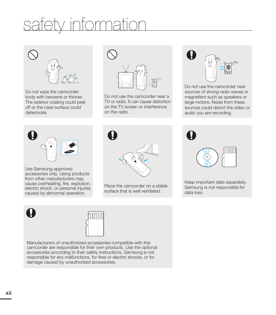 Safety information | Samsung HMX-E10WN User Manual | Page 12 / 98