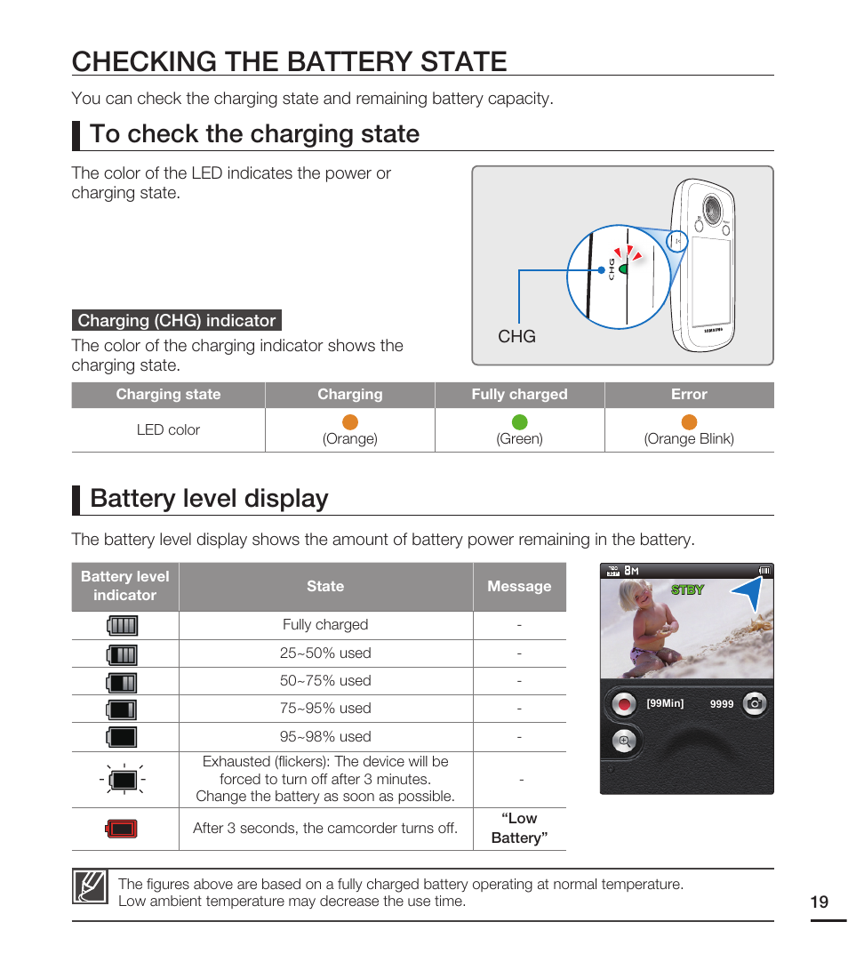 Checking the battery state | Samsung HMX-E10WN User Manual | Page 29 / 98