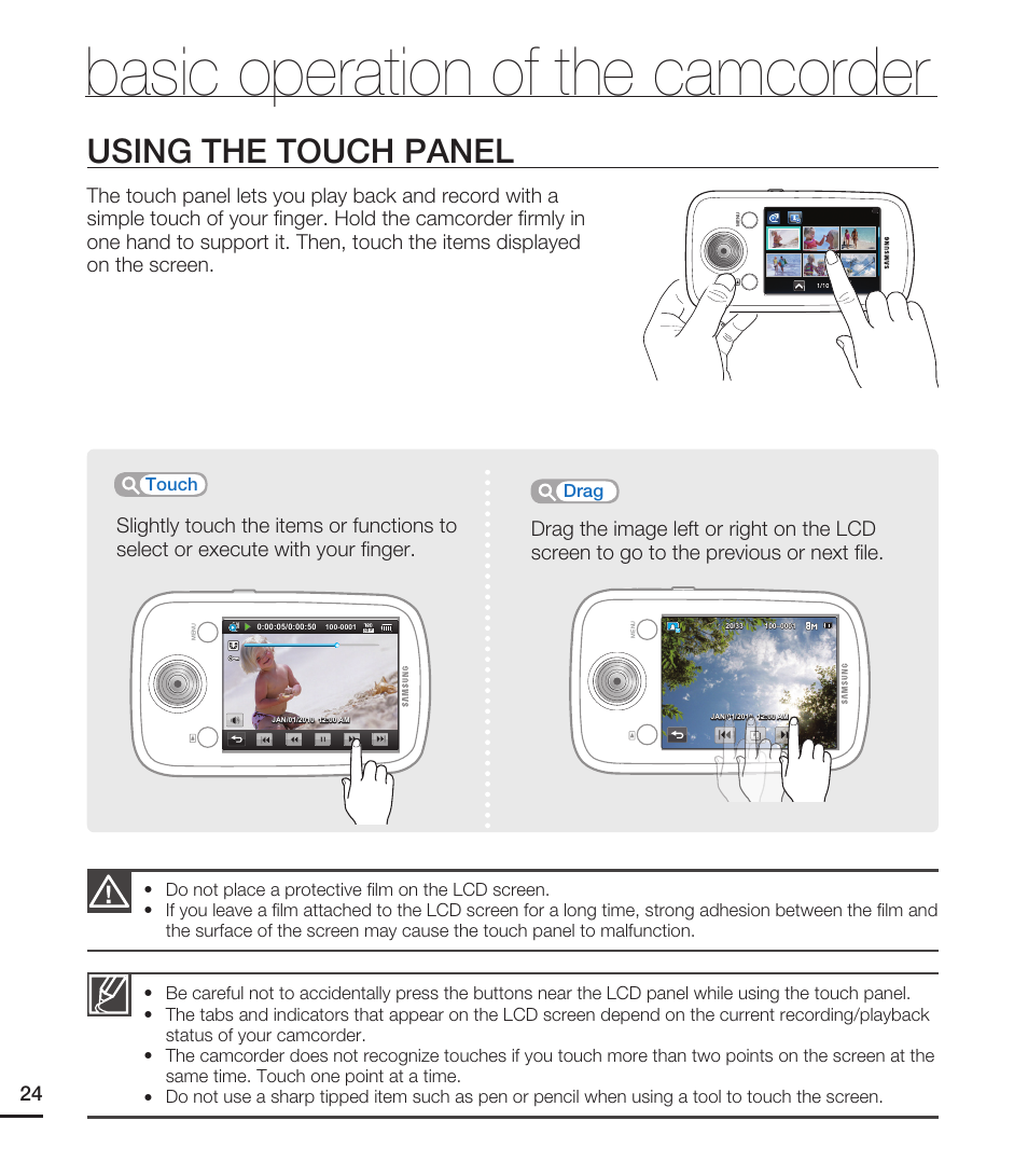 Using the touch panel, Basic operation of the camcorder | Samsung HMX-E10WN User Manual | Page 34 / 98