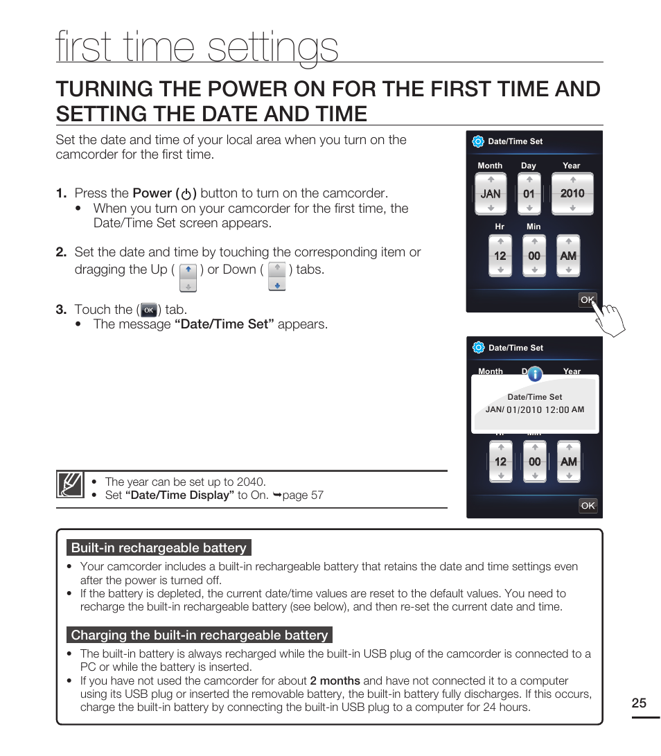 First time settings, FI rst time settings | Samsung HMX-E10WN User Manual | Page 35 / 98