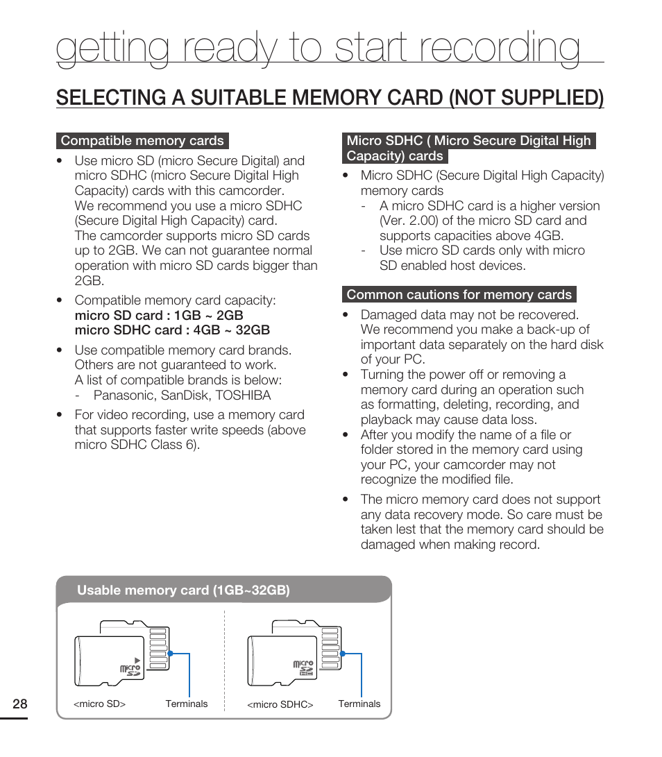 Selecting a suitable memory card (not supplied), Getting ready to start recording | Samsung HMX-E10WN User Manual | Page 38 / 98