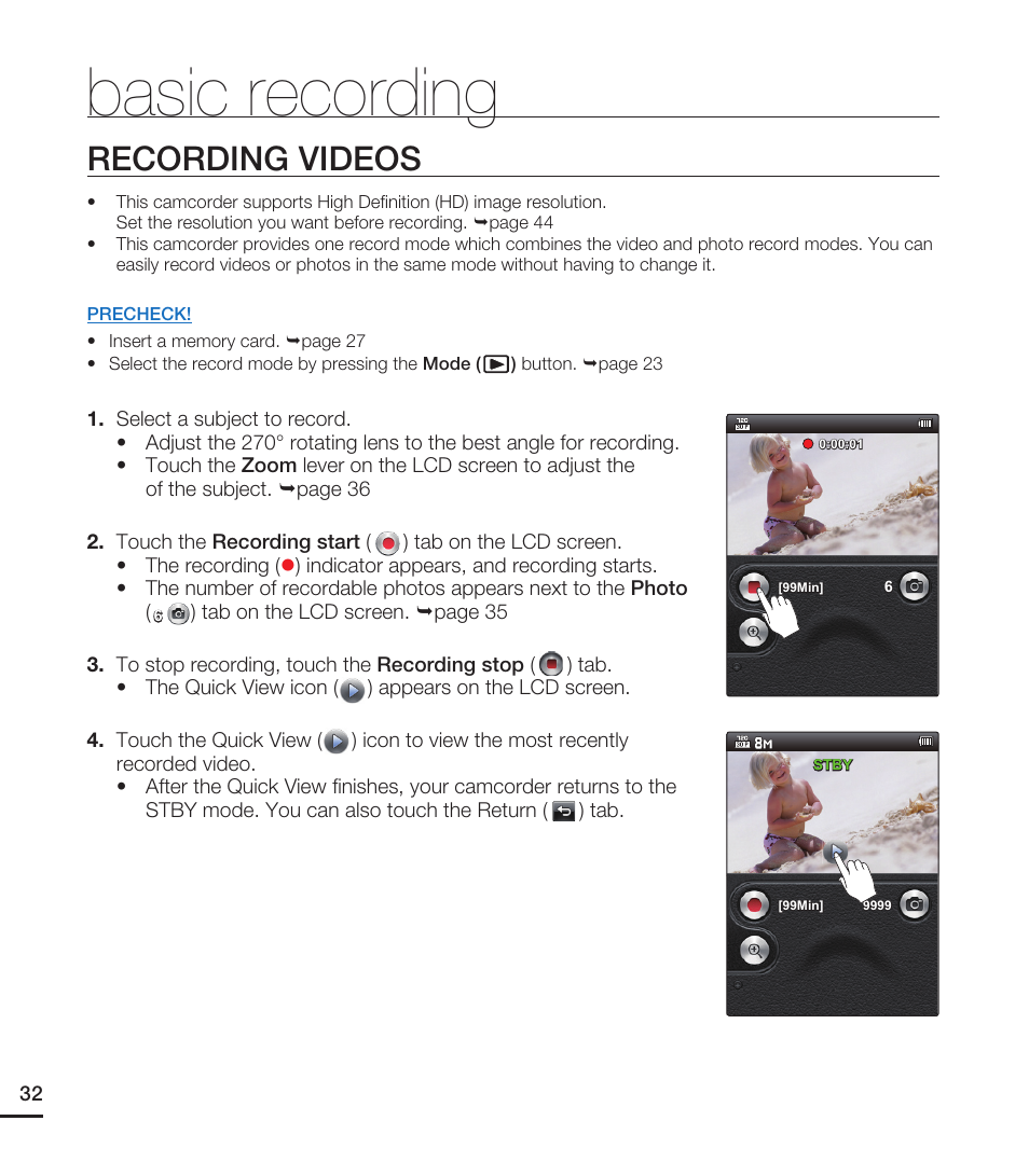 Basic recording, Recording videos | Samsung HMX-E10WN User Manual | Page 42 / 98