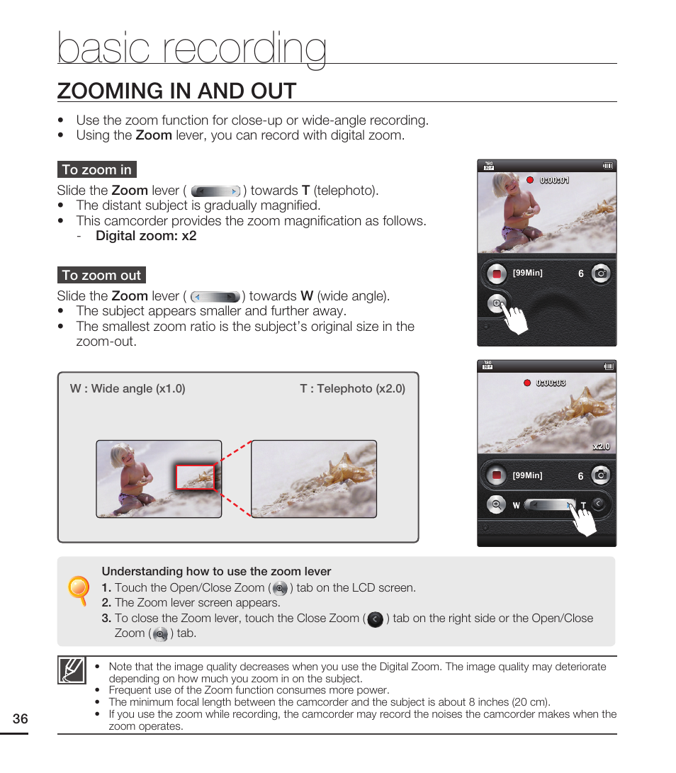 Zooming in and out, Basic recording | Samsung HMX-E10WN User Manual | Page 46 / 98