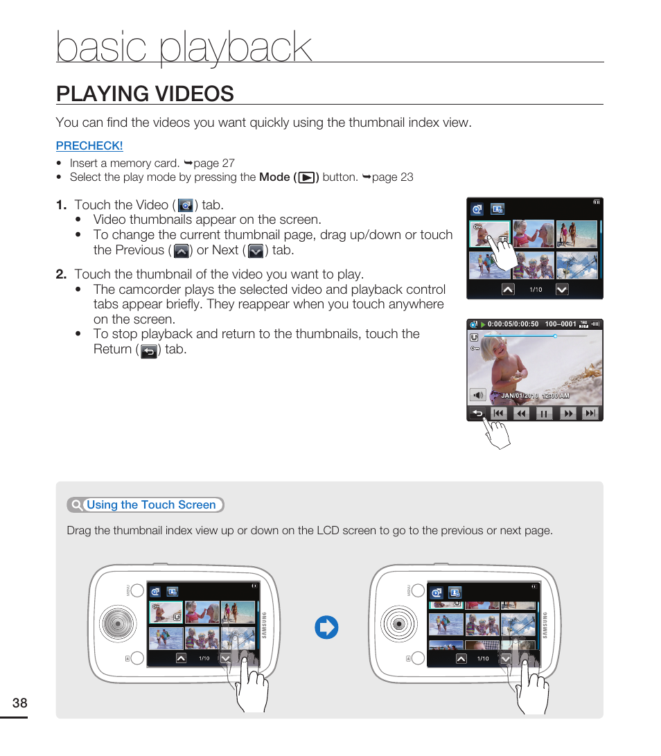 Playing videos, Basic playback | Samsung HMX-E10WN User Manual | Page 48 / 98