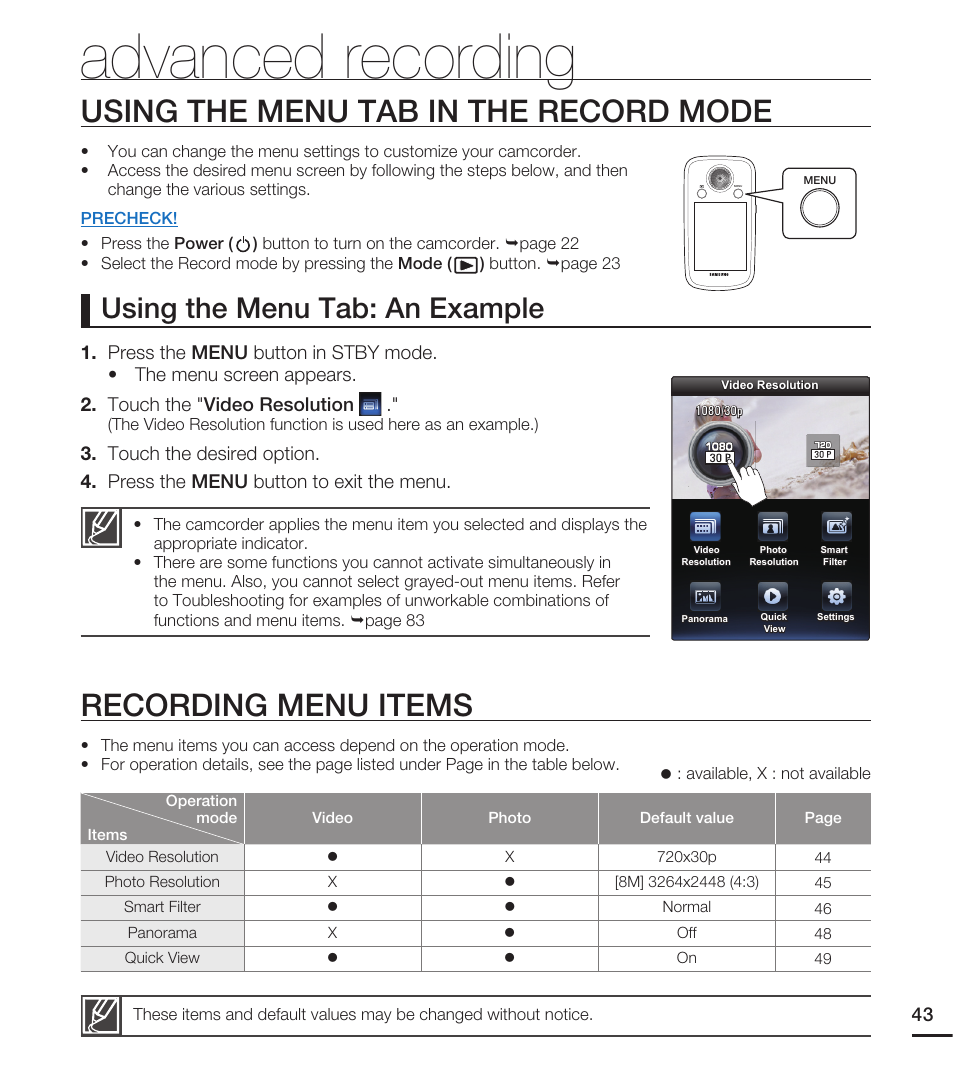 Advanced recording, Using the menu tab in the record mode, Recording menu items | Using the menu tab: an example | Samsung HMX-E10WN User Manual | Page 53 / 98