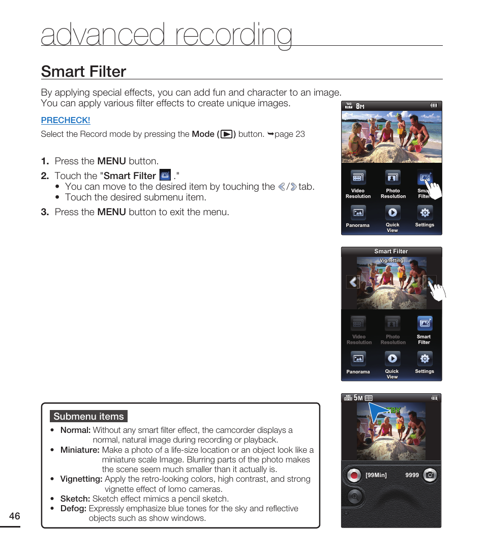 Smart filter, Advanced recording, 46 submenu items | Samsung HMX-E10WN User Manual | Page 56 / 98
