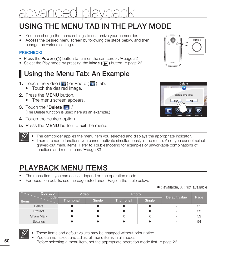 Advanced playback, Using the menu tab in the play mode, Playback menu items | Using the menu tab: an example | Samsung HMX-E10WN User Manual | Page 60 / 98