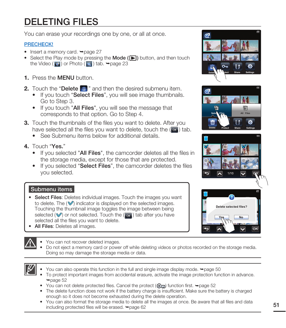 Deleting files, Submenu items | Samsung HMX-E10WN User Manual | Page 61 / 98
