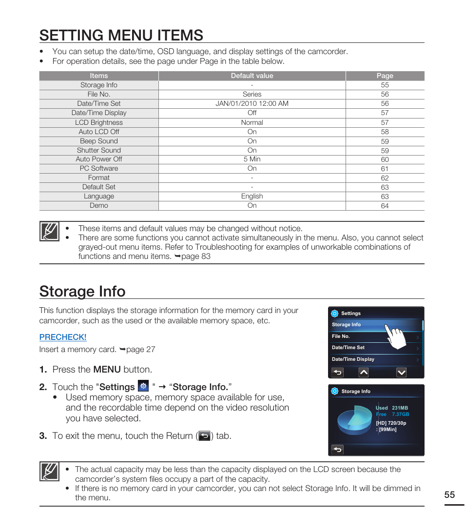 Setting menu items, Storage info | Samsung HMX-E10WN User Manual | Page 65 / 98