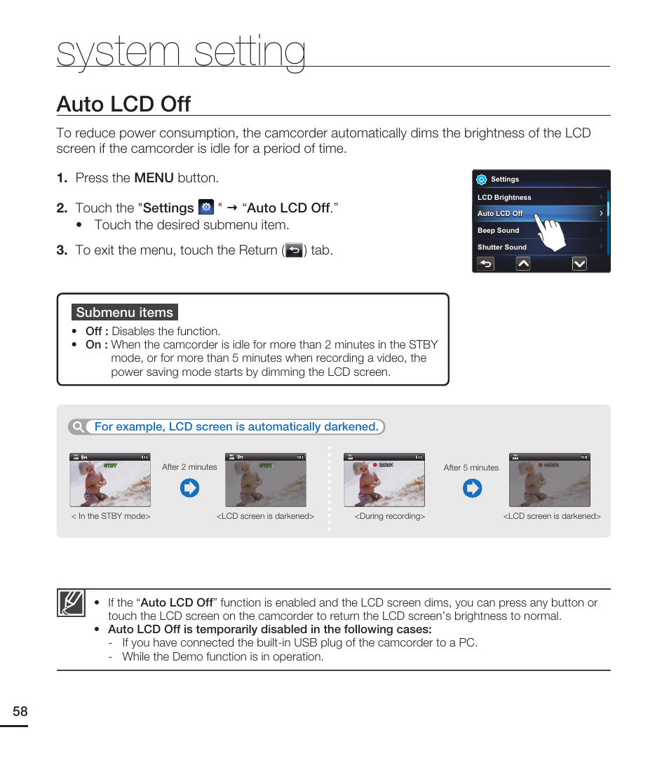 Auto lcd off, System setting | Samsung HMX-E10WN User Manual | Page 68 / 98