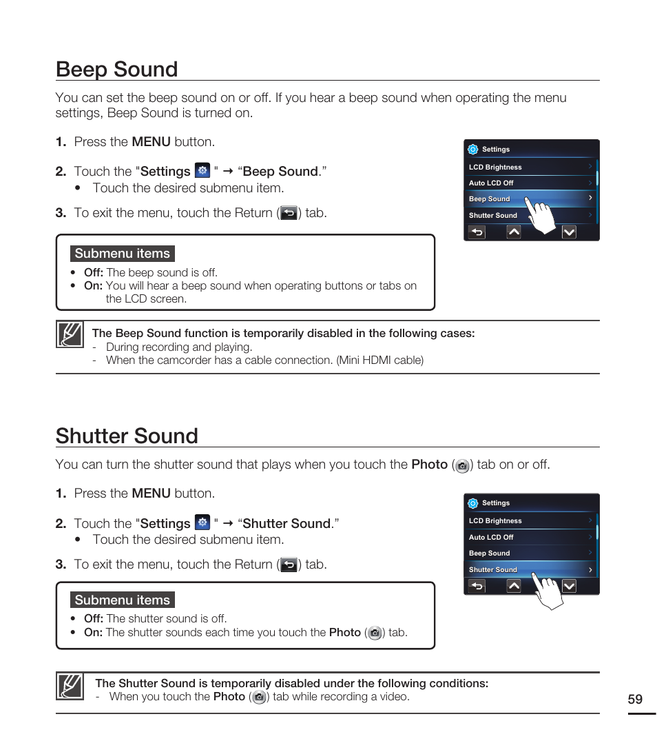 Beep sound, Shutter sound | Samsung HMX-E10WN User Manual | Page 69 / 98