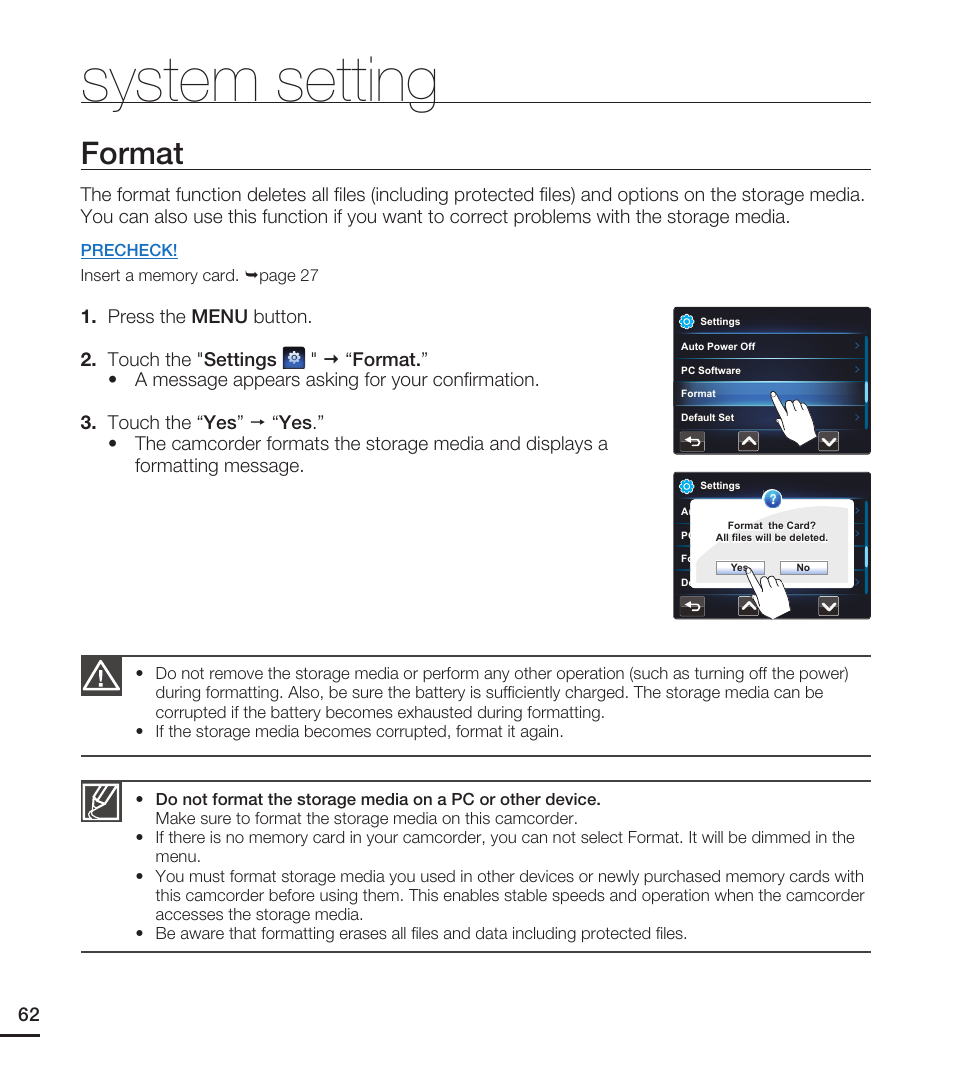 Format, System setting | Samsung HMX-E10WN User Manual | Page 72 / 98