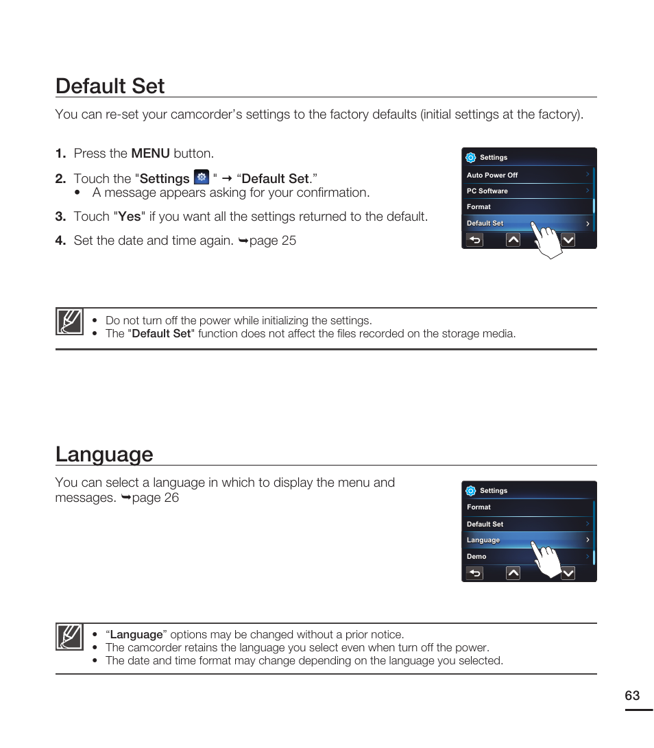 Default set, Language | Samsung HMX-E10WN User Manual | Page 73 / 98