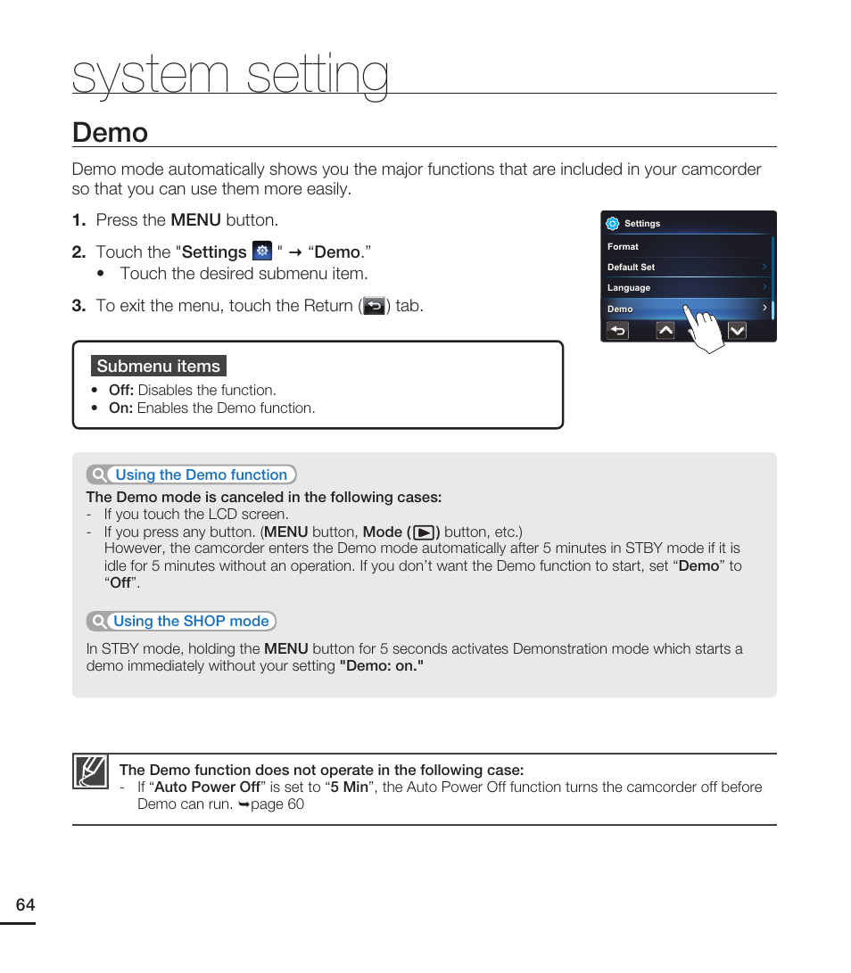 Demo, System setting | Samsung HMX-E10WN User Manual | Page 74 / 98