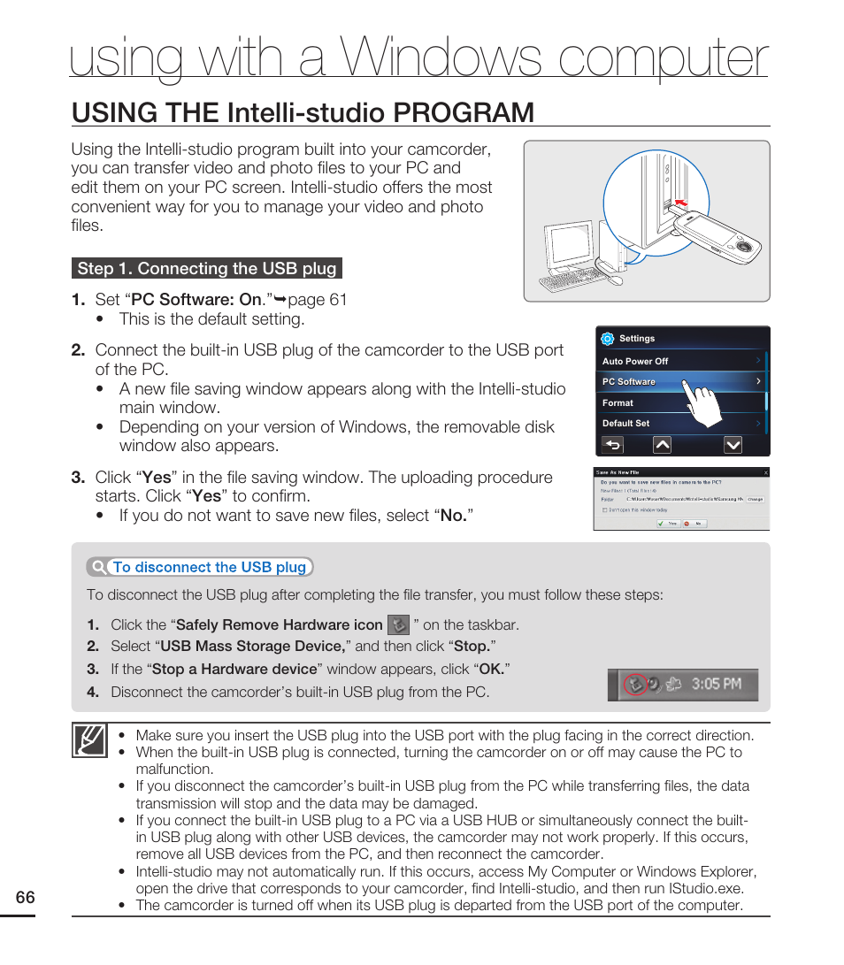 Using the intelli-studio program, Using with a windows computer | Samsung HMX-E10WN User Manual | Page 76 / 98