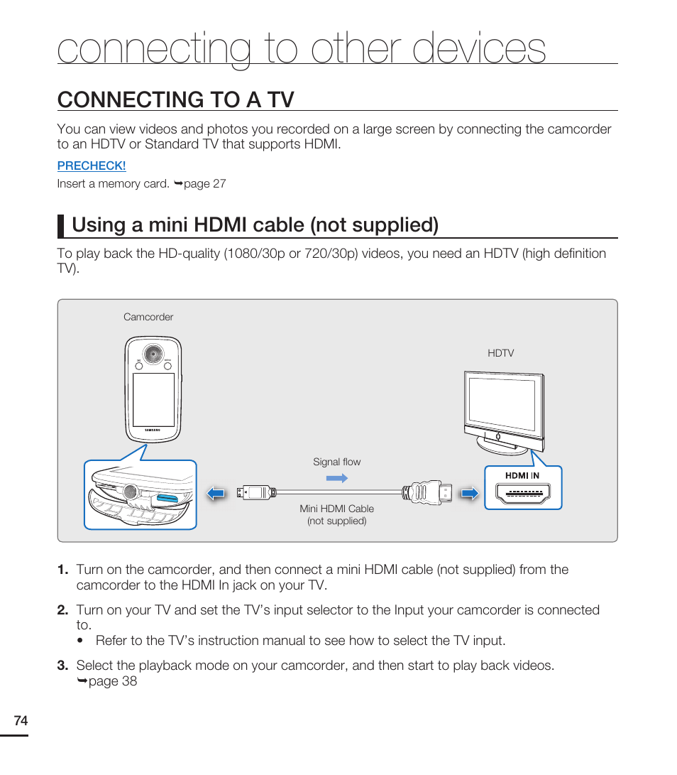 Connecting to other devices, Connecting to a tv, Using a mini hdmi cable (not supplied) | Samsung HMX-E10WN User Manual | Page 84 / 98