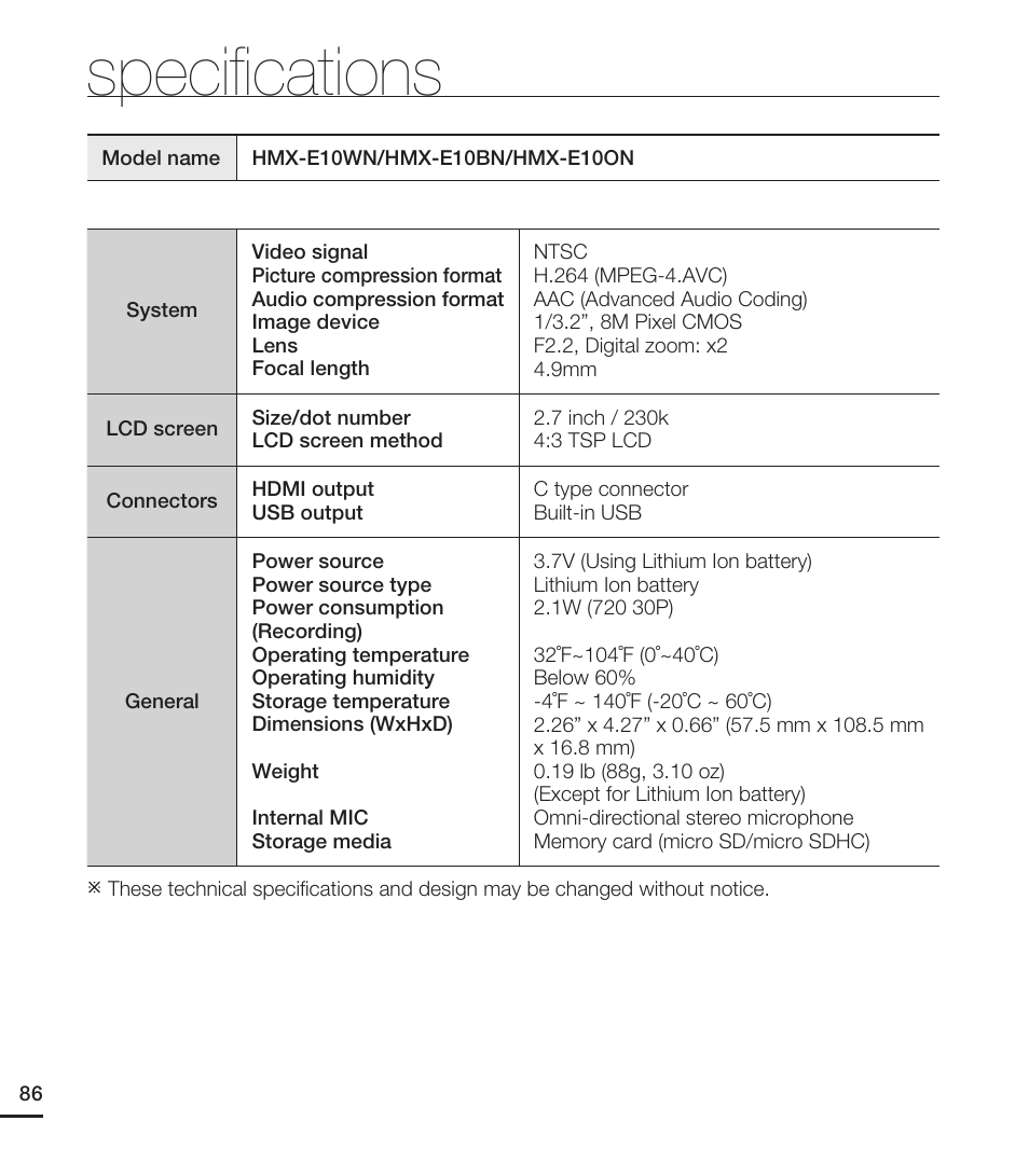 Specifications, Speciﬁcations | Samsung HMX-E10WN User Manual | Page 96 / 98