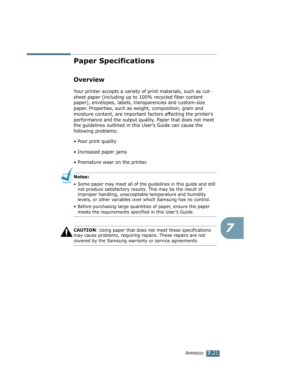 Paper specifications, Overview, Paper | See “paper | Samsung ML-1710 User Manual | Page 138 / 146