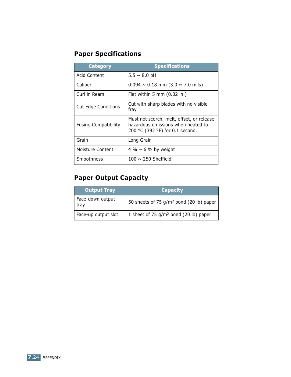 Paper specifications, Paper output capacity, Paper specifications paper output capacity | Samsung ML-1710 User Manual | Page 141 / 146