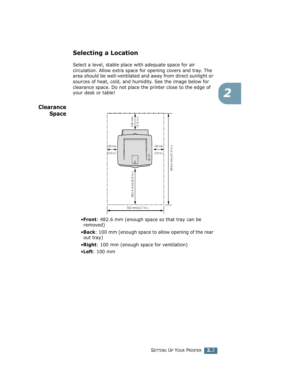 Selecting a location, Clearance space | Samsung ML-1710 User Manual | Page 22 / 146