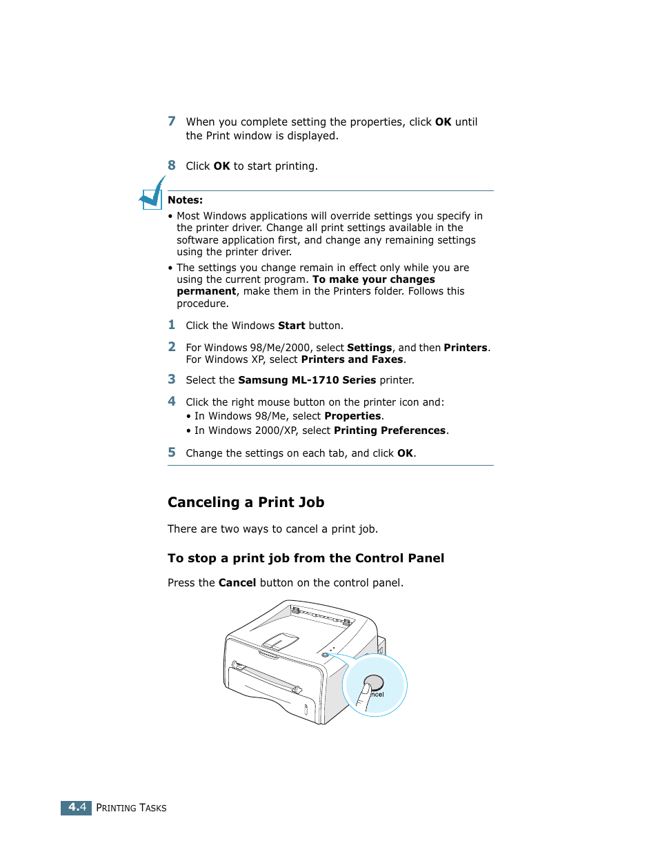 Canceling a print job | Samsung ML-1710 User Manual | Page 59 / 146