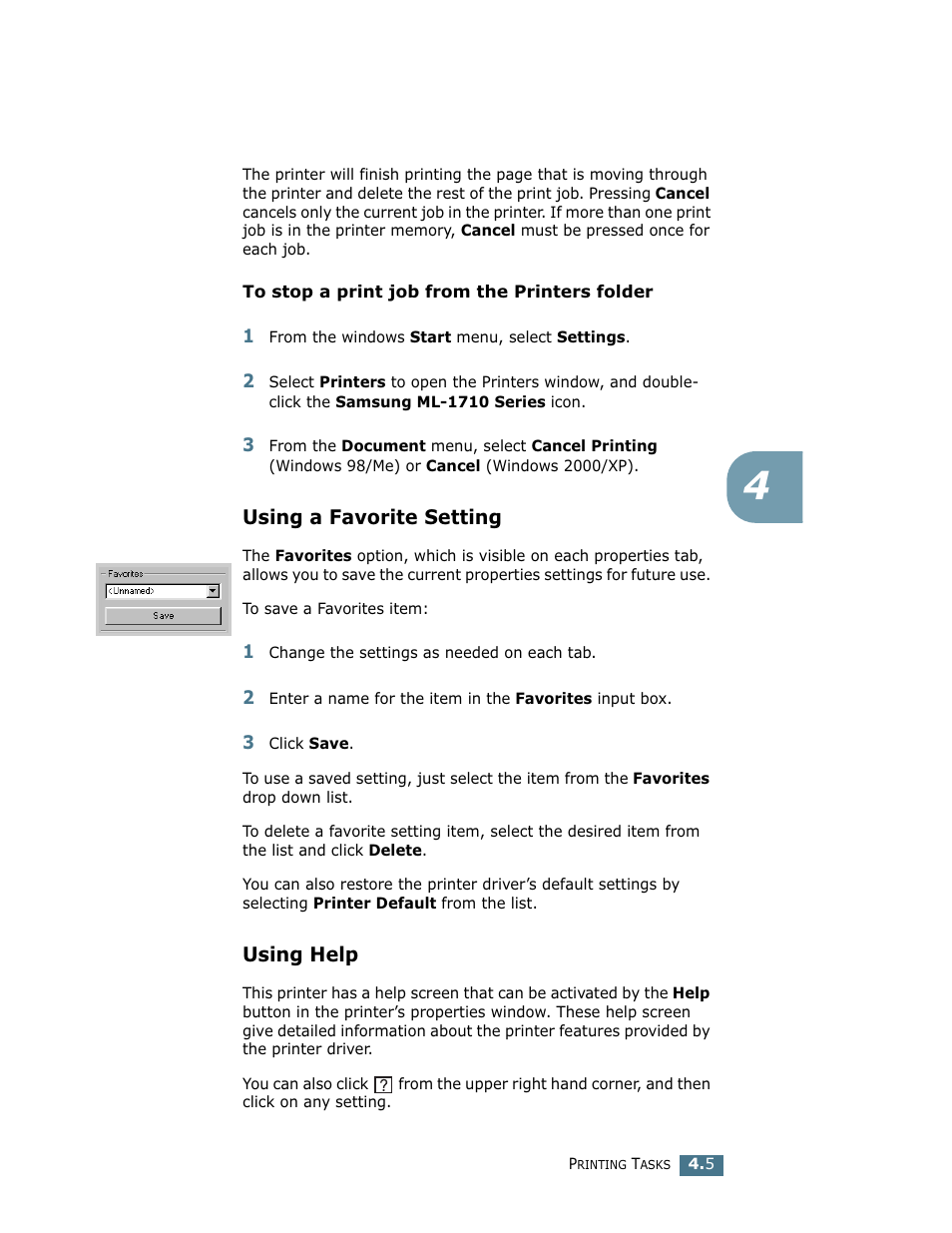 Using a favorite setting, Using help, Using a favorite setting using help | Samsung ML-1710 User Manual | Page 60 / 146