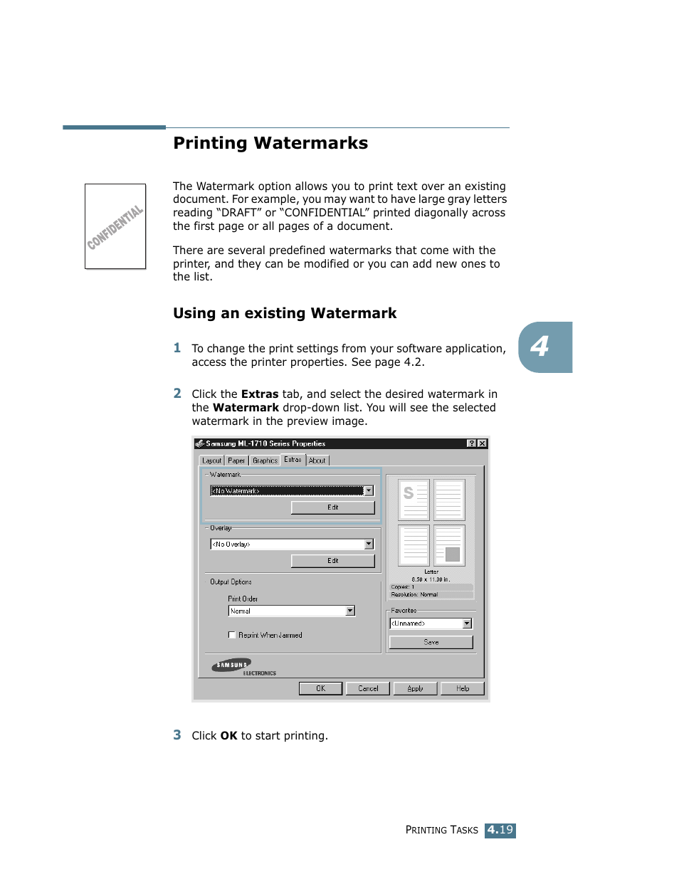 Printing watermarks, Using an existing watermark | Samsung ML-1710 User Manual | Page 74 / 146