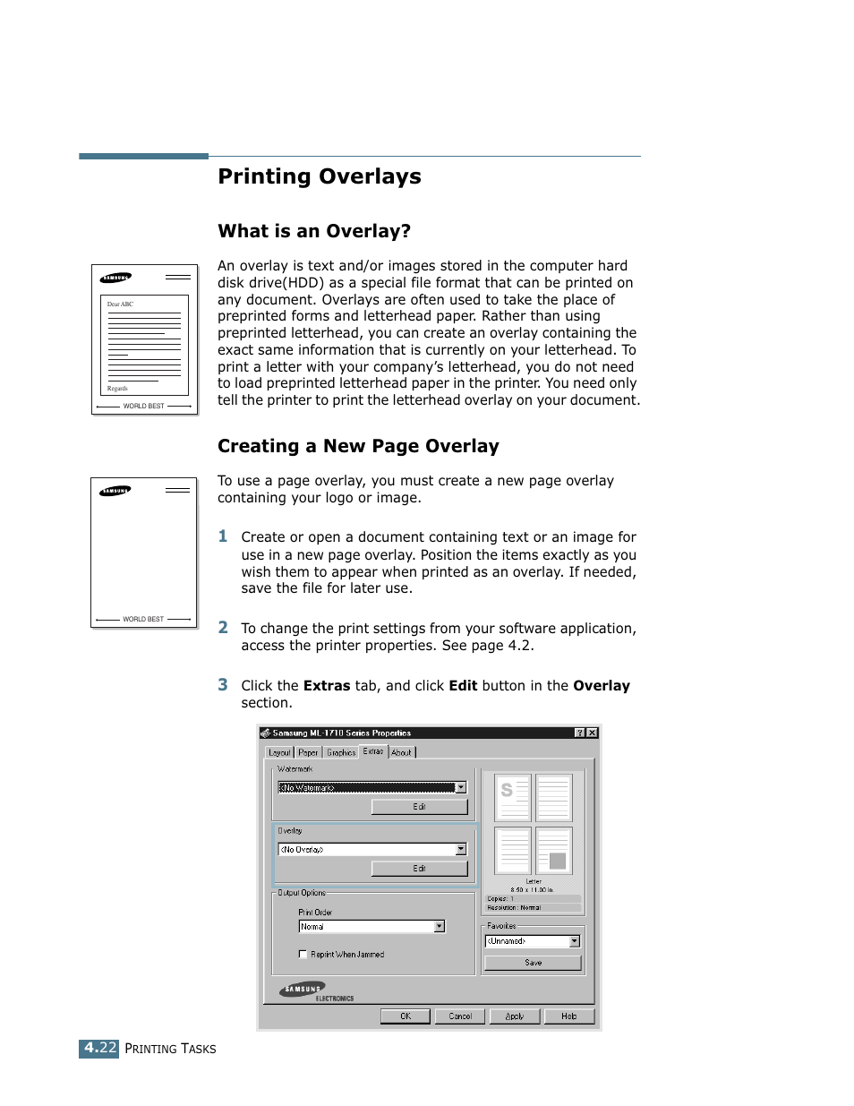 Printing overlays, What is an overlay, Creating a new page overlay | Samsung ML-1710 User Manual | Page 77 / 146