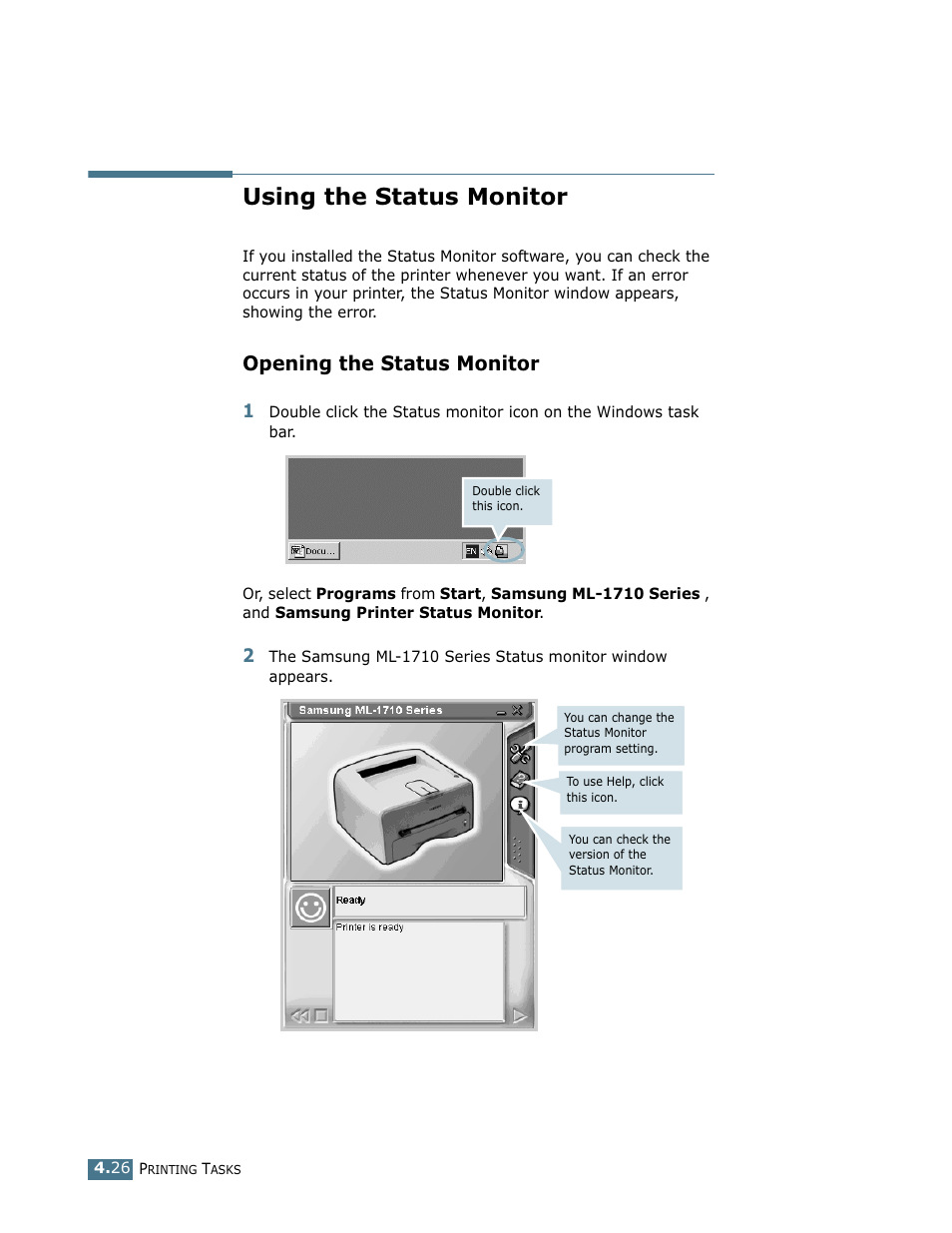 Using the status monitor, Opening the status monitor | Samsung ML-1710 User Manual | Page 81 / 146