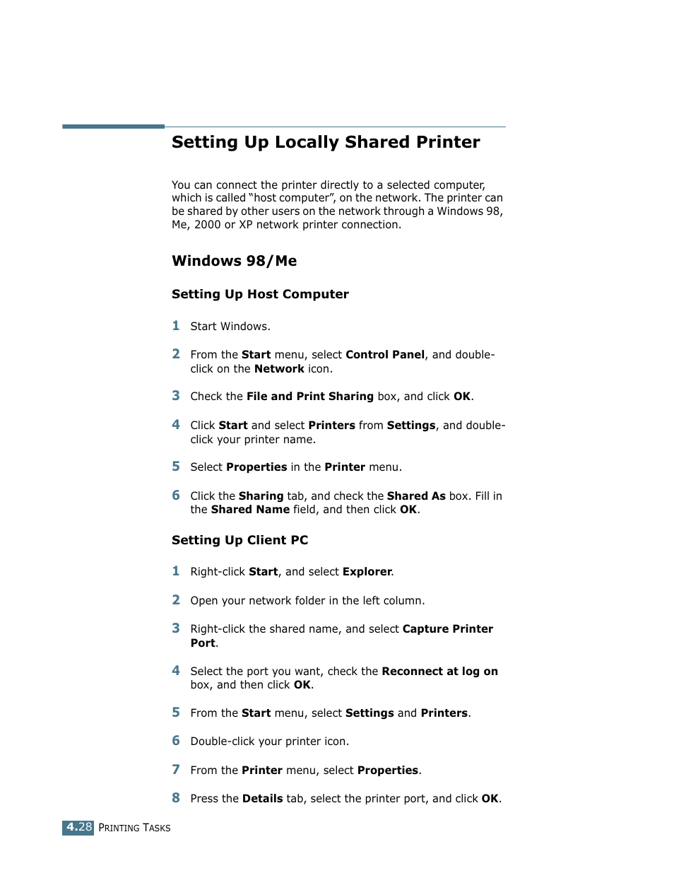 Setting up locally shared printer, Windows 98/me | Samsung ML-1710 User Manual | Page 83 / 146