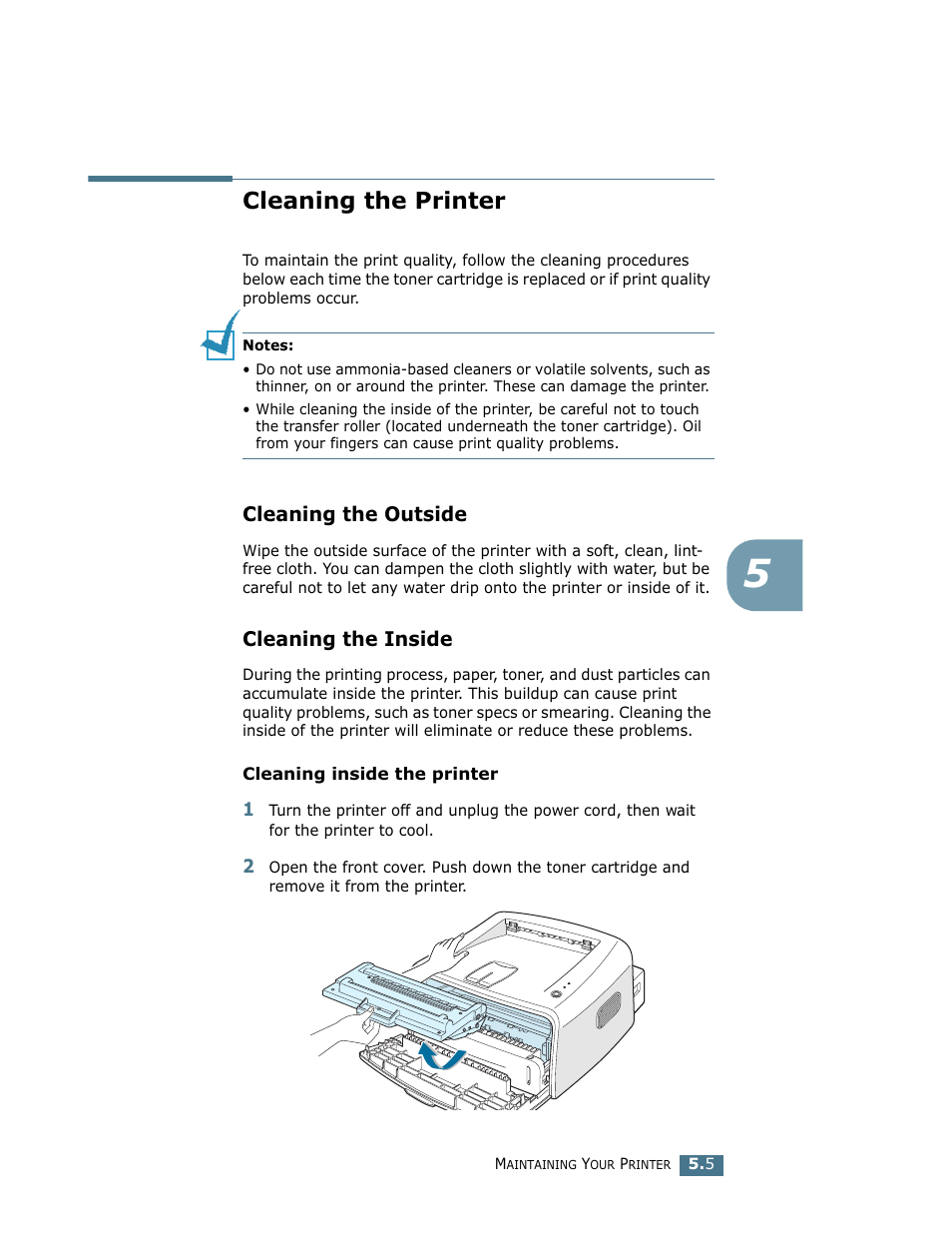 Cleaning the printer, Cleaning the outside, Cleaning the inside | Cleaning the outside cleaning the inside | Samsung ML-1710 User Manual | Page 90 / 146