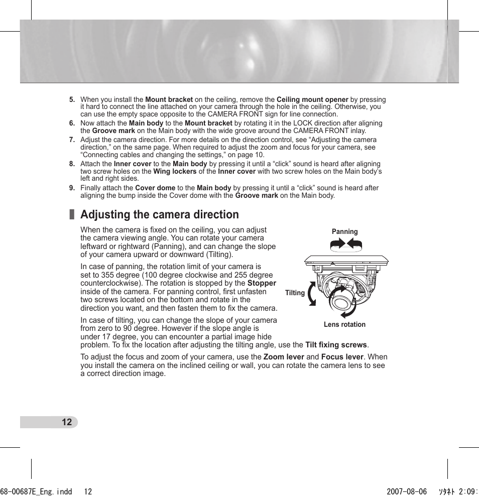 Adjusting the camera direction | Samsung SCC-B5354 User Manual | Page 12 / 53