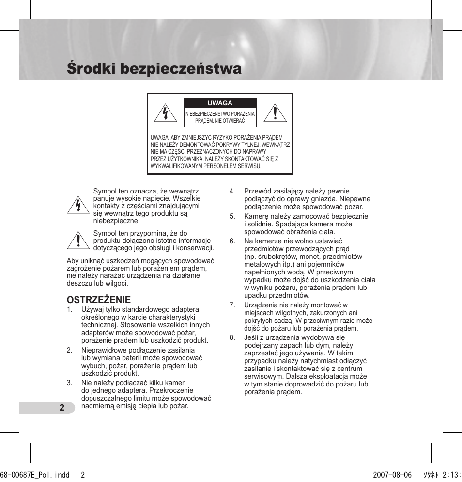 Środki bezpieczeństwa, Ostrzeżenie | Samsung SCC-B5354 User Manual | Page 38 / 53