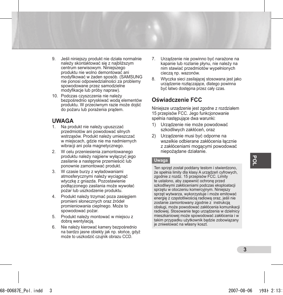 Uwaga, Oświadczenie fcc | Samsung SCC-B5354 User Manual | Page 39 / 53
