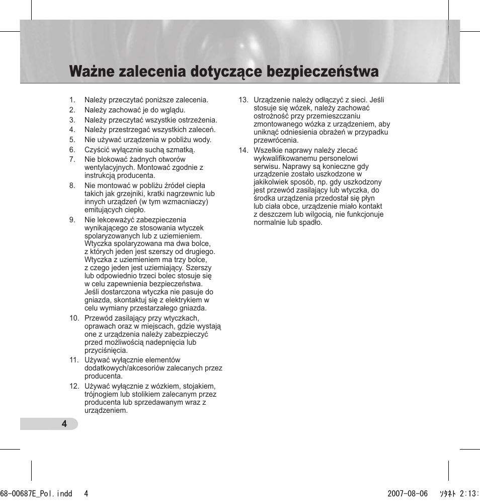 Ważne zalecenia dotyczące bezpieczeństwa | Samsung SCC-B5354 User Manual | Page 40 / 53