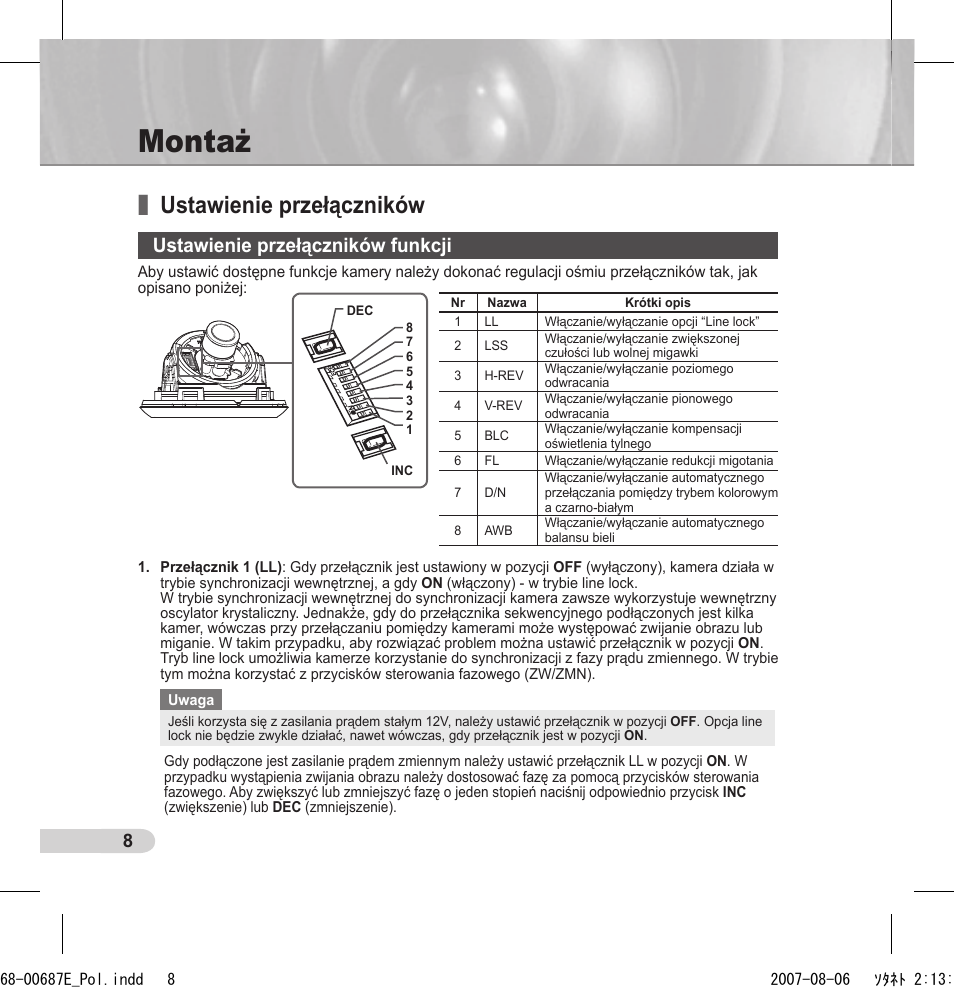 Montaż, Ustawienie przełączników, Ustawienie przełączników funkcji | Samsung SCC-B5354 User Manual | Page 44 / 53