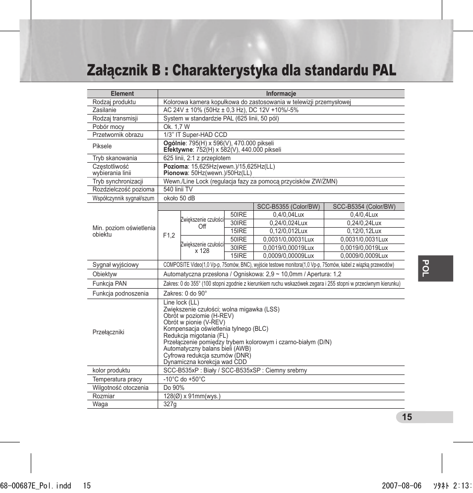 Załącznik b : charakterystyka dla standardu pal | Samsung SCC-B5354 User Manual | Page 51 / 53
