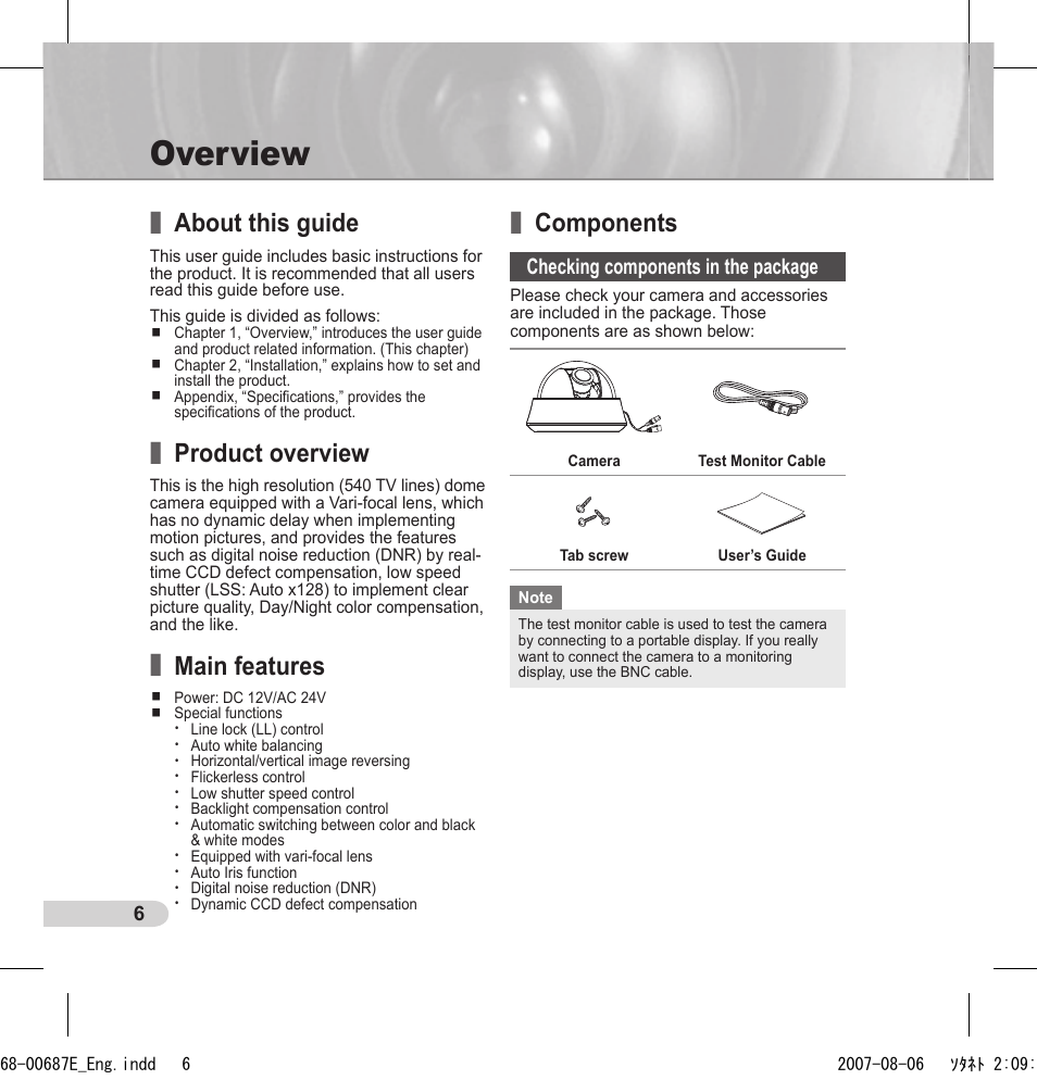 Overview, About this guide, Product overview | Main features, Components | Samsung SCC-B5354 User Manual | Page 6 / 53