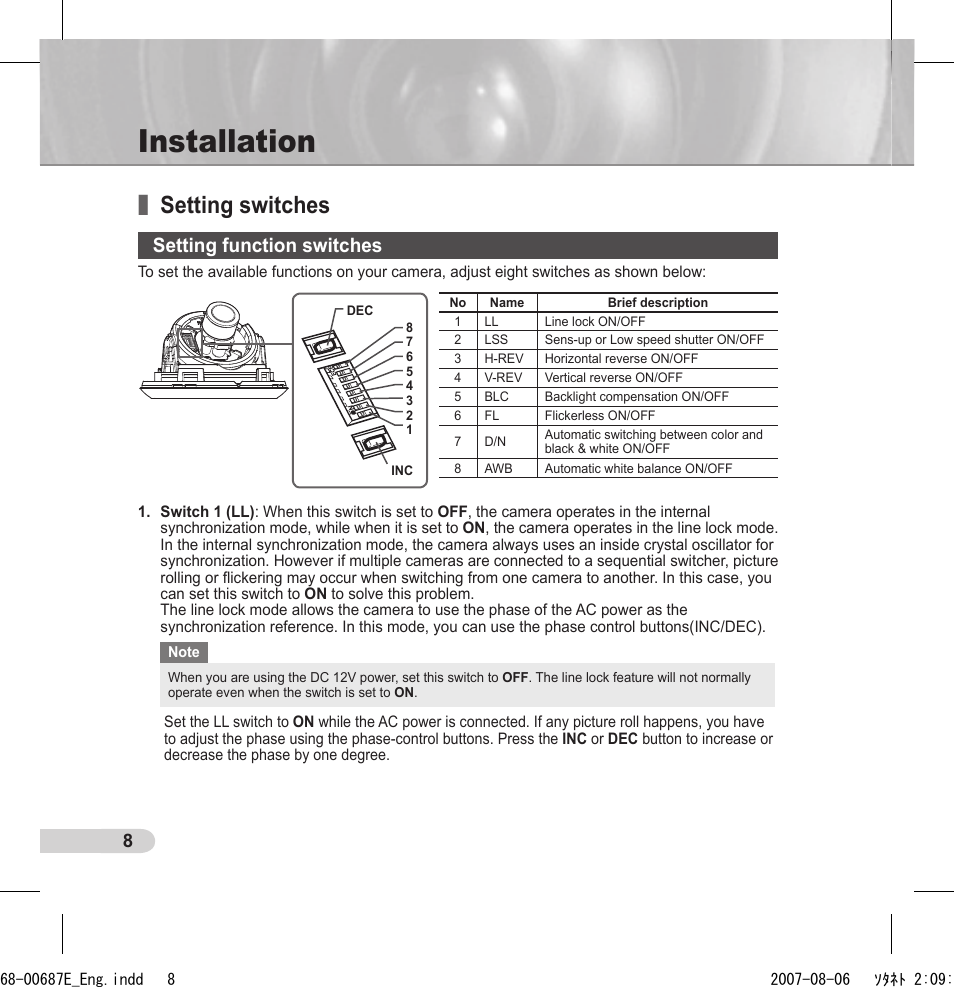 Installation, Setting switches, Setting function switches | Samsung SCC-B5354 User Manual | Page 8 / 53