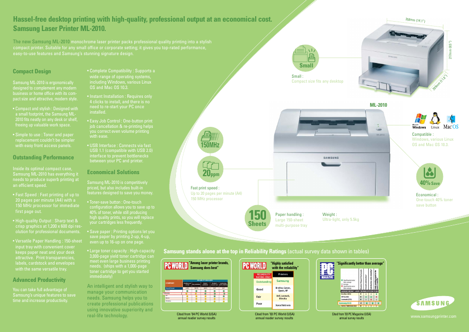 Compact design, Economical solutions, Outstanding performance | Advanced productivity | Samsung ML-2010 User Manual | Page 2 / 2