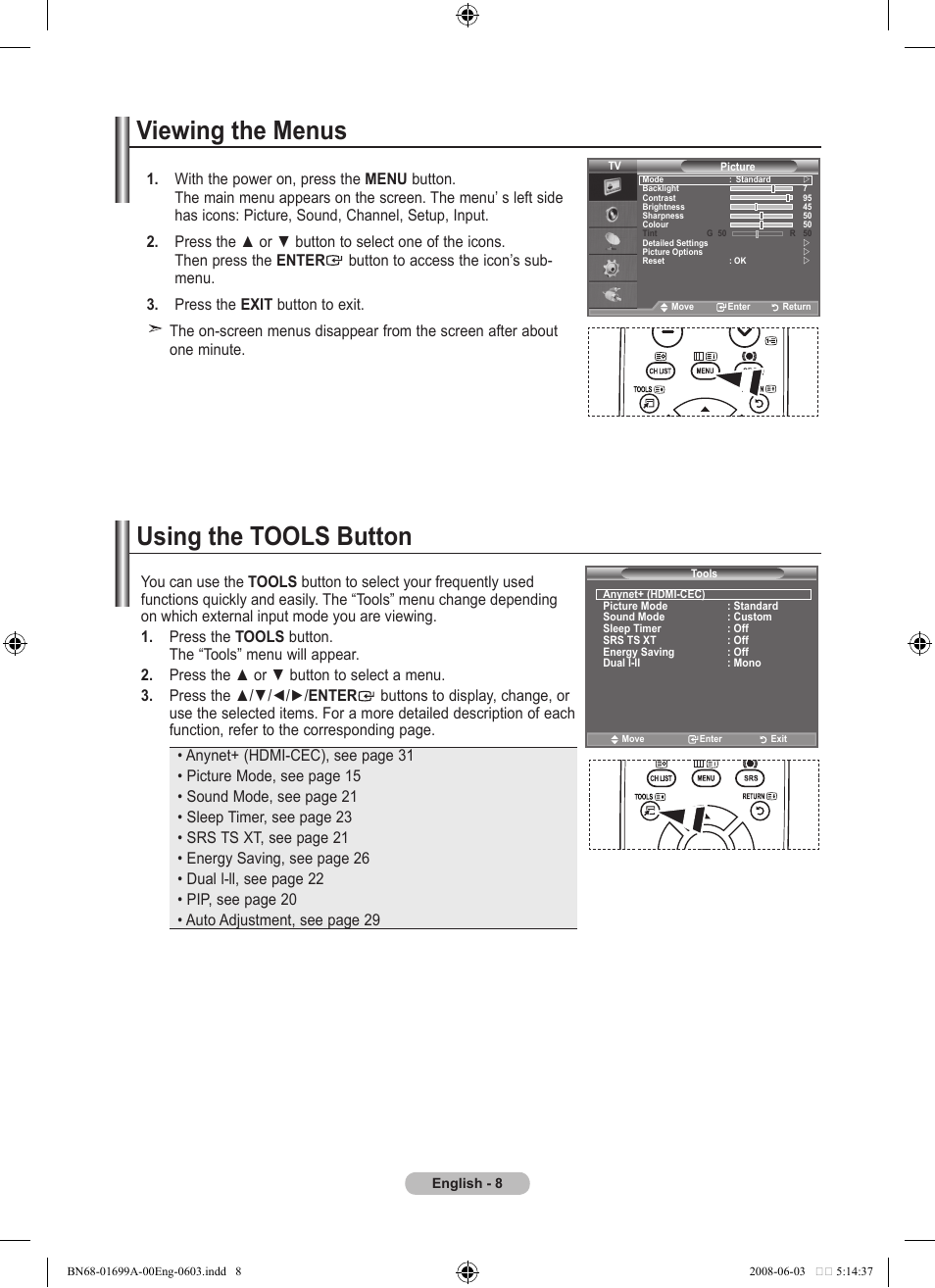 Viewing the menus, Using the tooltools button, Viewing the menus using the tools button | Samsung BN68-01699A-00 User Manual | Page 10 / 44