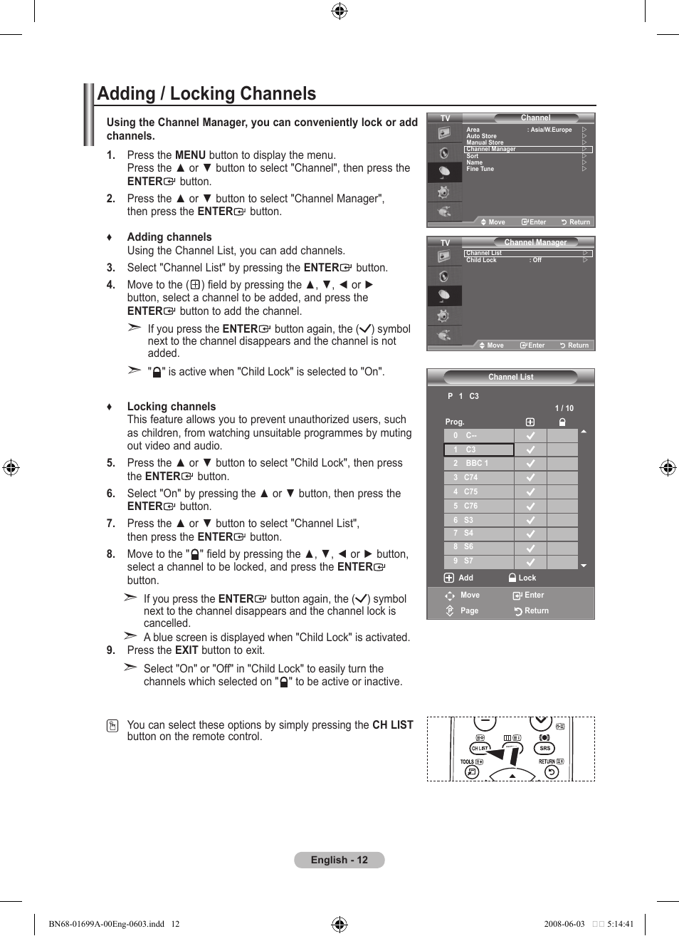 Adding / locking channels | Samsung BN68-01699A-00 User Manual | Page 14 / 44