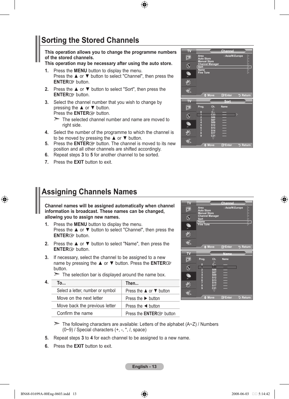 Sorting the stored channels, Assigning channels names | Samsung BN68-01699A-00 User Manual | Page 15 / 44