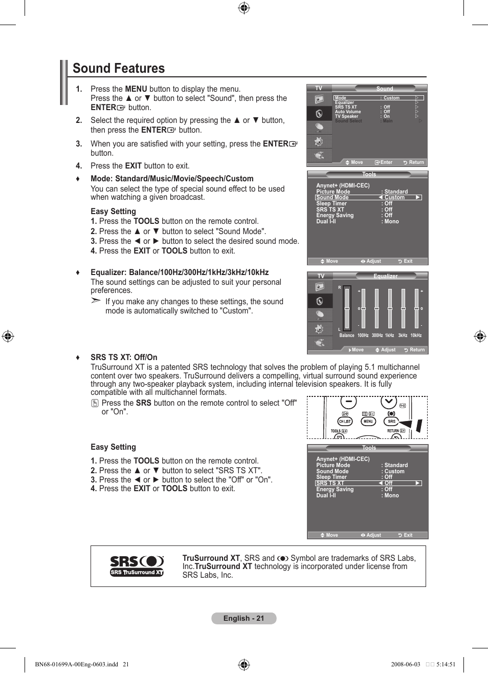 Setting the sound, Sound features | Samsung BN68-01699A-00 User Manual | Page 23 / 44