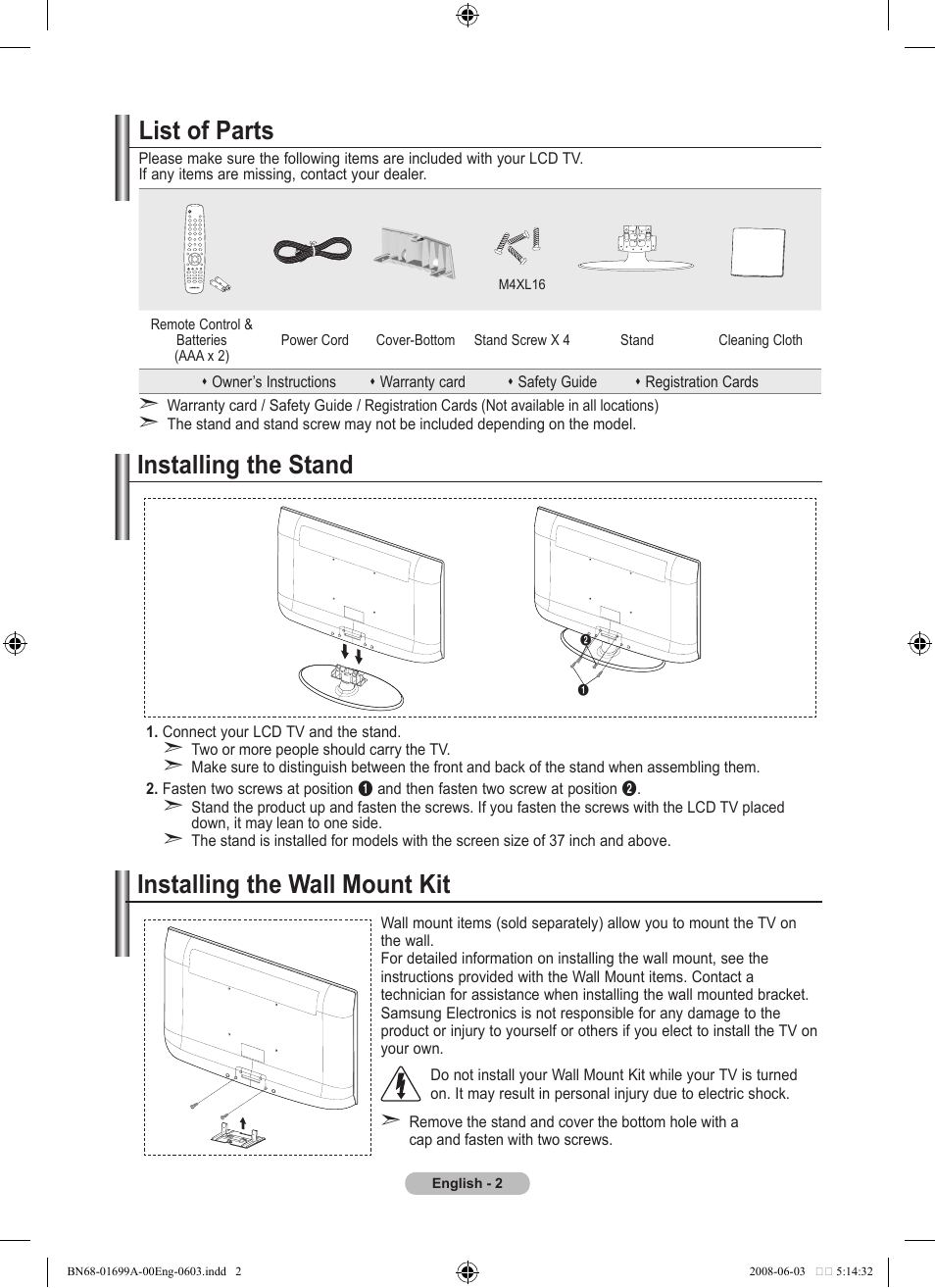 Connecting and preparing your tv, List of parts, Installing the stand | Installing the wall mount kit, Installing the stand installing the wall mount kit | Samsung BN68-01699A-00 User Manual | Page 4 / 44