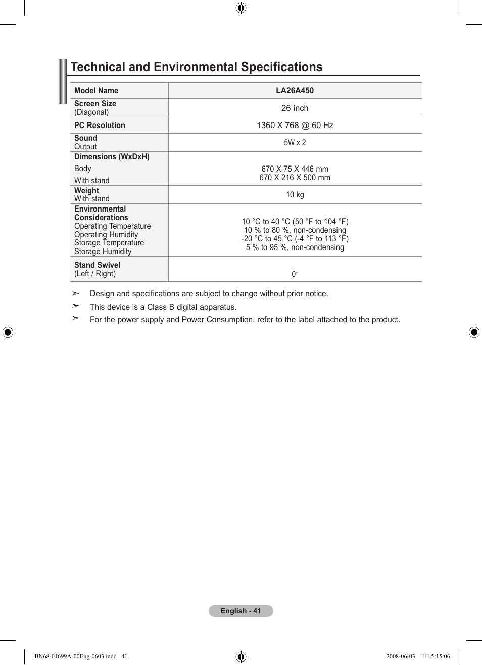 Technical and environmental specifications | Samsung BN68-01699A-00 User Manual | Page 43 / 44