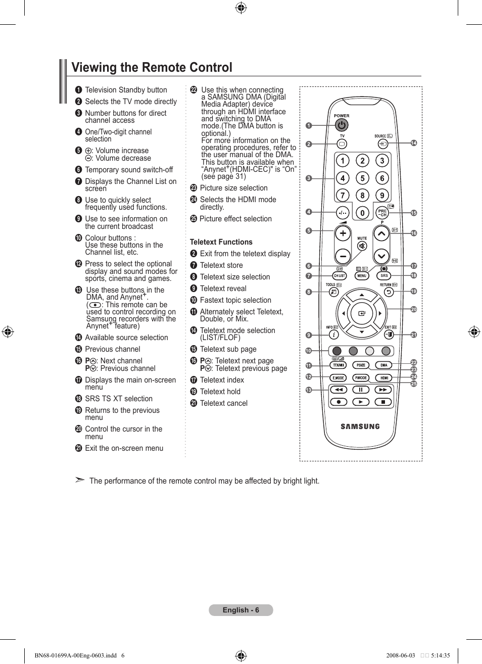 Viewing the remote control | Samsung BN68-01699A-00 User Manual | Page 8 / 44