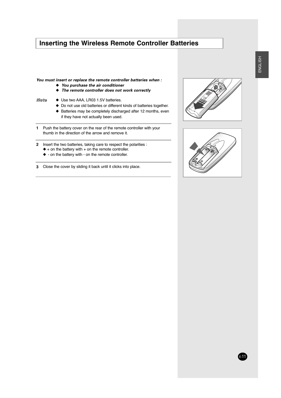 Inserting the wireless remote controller batteries | Samsung ACC2400C User Manual | Page 11 / 70